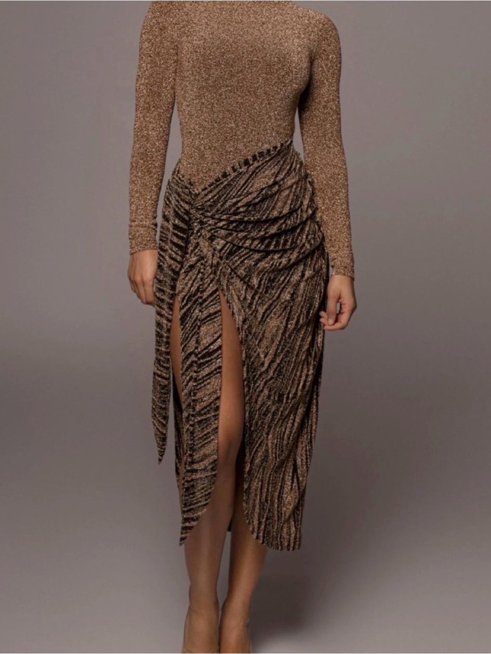 JLUXLABEL Metallic Bronze Long-Sleeve Ruched Midi Dress